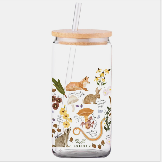 'Flora & Fauna' Glass Can with Lid & Straw