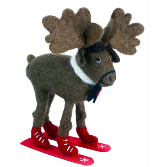 Handmade Wool Skiing Moose Ornament