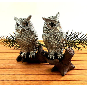 'Owls on a Log' Pewter Salt and Pepper Shakers